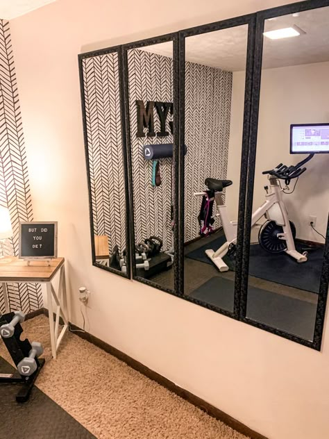 Home Gym Wall Mirror, Bedroom Turned Gym, Cheap Gym Mirror Wall, Home Gym Makeover, Home Gym Spare Bedroom, Gym Bedroom Ideas, Diy Gym Mirror Wall, Home Gym Mirrors Diy, Home Gym Design Small