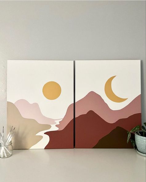 Simple 2 Canvas Paintings, Two Part Canvas Painting, Continuous Canvas Paintings, Simple Decor Paintings, Two Canvases One Painting, Minimalist Painting For Living Room, Paint Inspo Easy Acrylic Aesthetic, Easy Painting Ideas On Canvas Sunflower, Canvas Pad Painting Ideas