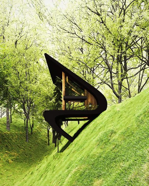 Tiny House On Steep Slope, Building On A Slope Architecture, Building On A Hill, Building On Slope, Ecolodge Architecture, Building On A Slope, Sloped House, House On A Slope, Cabin Design Ideas