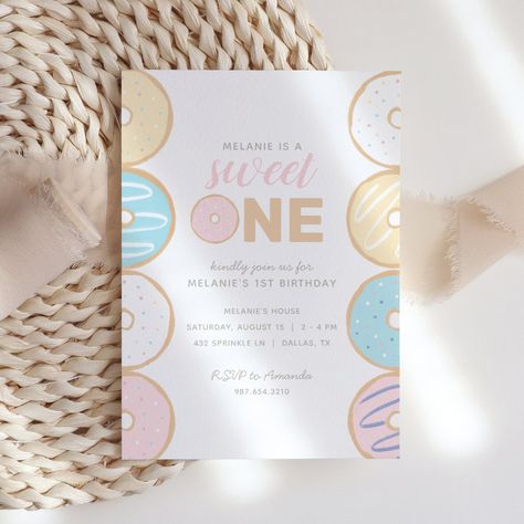 Sweet One Pastel Donut First Birthday Party Invita Invitation - tap to personalize and get yours #Invitation #birthday #party, #girl #birthday, #doughnut, Donut First Birthday Party, Birthday Doughnut, Sweet One Birthday Party, Donut First Birthday, Sweet One Birthday, Donut Themed Birthday Party, Birthday Party Girl, First Birthday Themes, Donut Party