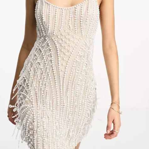 Never Worn Asos Design Embellished Pearl Cami Bust Detail Mini Dress In Cream Size 4 Beaded White Mini Dress, Short White Beaded Dress, Pearl Homecoming Dress, Reception Dress Lace, White Beaded Dress, Bling Dress, Cami Slip Dress, Dress In, Tulle Mini Dress