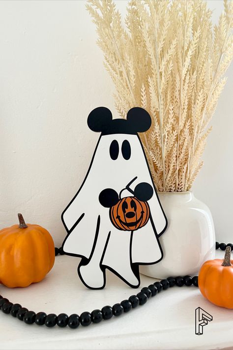 Ghost With Mickey Ears, Pumpkin Mickey Ears, Disney Halloween Table Decor, Disney Halloween Wood Cutouts, Diy Disney Halloween Decor, Halloween Glowforge, Disney Halloween Decor, Disney Ghost, Wood Ghost