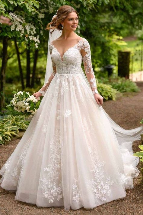 Long Sleeves Lace Ball gown Wedding Dress with Sequin Detail by Essense of Australia - D2939 | Classic style princess bridal gown with Mixed floral details, V-neckline with traditional look with a completely modern update and full tulle skirt for the sophisticated bride #weddingdress #weddingdresses #bridalgown #bridal #bridalgowns #weddinggown #bridetobe #weddings #bride #dreamdress #bridalcollection #bridaldress #dress See more gorgeous bridal gowns by clicking on the photo Wedding Dresses Lace Ballgown, The Princess Bride, 2020 Wedding Dresses, Essense Of Australia, Lace Ball Gowns, Wedding Dress With Veil, Cute Wedding Dress, Dream Wedding Ideas Dresses, A Wedding Dress