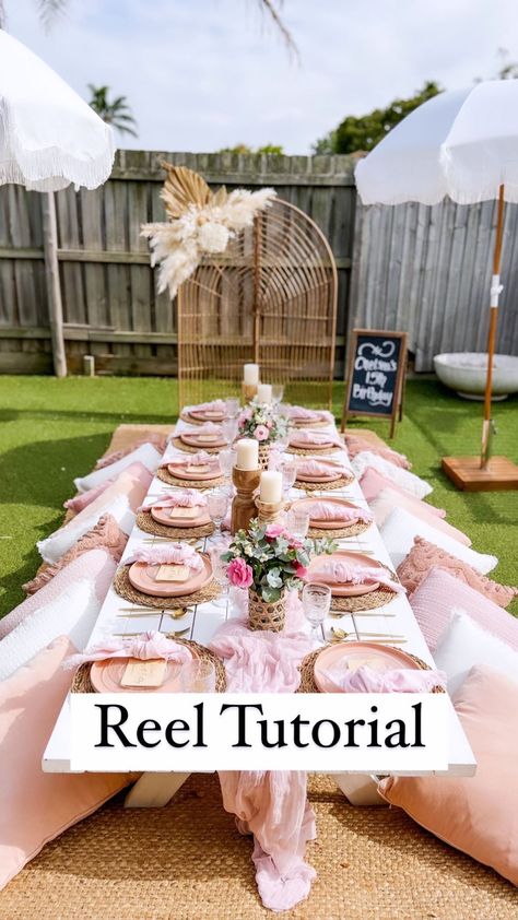 Pink Boho Picnic, Business Party Ideas, Pink Boho Party, Luxury Picnic Ideas, Boho Picnic Party, Luxury Picnic Setup, 21st Party Themes, Rose Picnic, Graduation Picnic