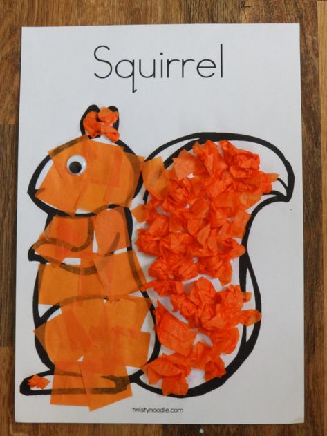 E and I have been trying out some squirrel crafts for next term as we have a large amount of orange tissue paper remaining from the fox paper plate craft. &nb Woodworking Preschool, Squirrel Crafts, Squirrel Craft, September Crafts, Preschool Crafts Fall, November Crafts, Quilled Paper Art, Fall Preschool, Daycare Crafts