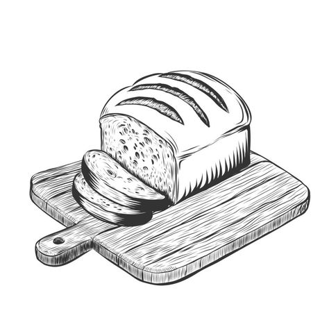 sliced loaf of bread on chopping board vector illustration for bakery, windows design, menu. Hand drawn sketch engraving illustration style Bread Loaf Drawing, Bread Drawing Simple, Baking Sketch, Bread Sketch, Bread Drawing, Bakery Illustration, Bread Illustration, Bread Vector, Plate Drawing