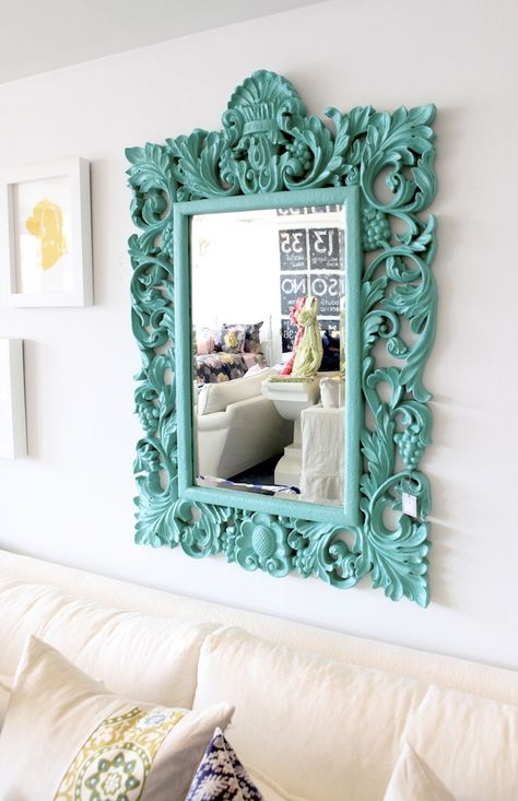 Must find this spray paint to re-do for the guest bath. Turquoise Room, Mirror Makeover, Ornate Mirror, A Mirror, Floral Border, Tiffany Blue, Mirror Frames, 인테리어 디자인, My Dream Home