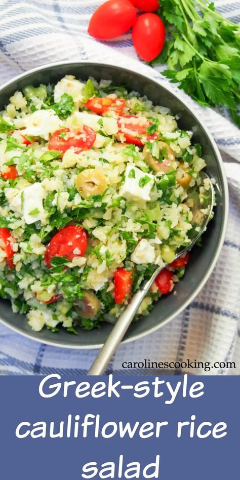 This Greek-style cauliflower rice salad is low on carbs and high on taste - full of Mediterranean flavors and so easy to make. It also packs well so is perfect for a picnic, potluck or lunchbox. #salad #lowcarb #cauliflowerrice #glutenfree Lunchbox Salad, Cauliflower Rice Salad, Veg Diet, Beautiful Salads, Grain Salads, Mediterranean Salad Recipe, Picnic Potluck, Cold Salads, Mediterranean Flavors