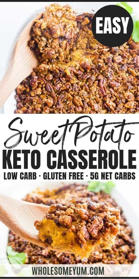 Healthy Low Carb Sweet Potato Casserole Recipe - Sugar Free - This butternut squash cauliflower casserole (healthy low carb sweet potato casserole) tastes like sweet potatoes, but is sugar-free, paleo, keto & whole 30. #wholesomeyum #keto #lowcarb #sidedish #whole30 #paleo #fallrecipe #ketofallrecipe Sweet Potato Keto, Butternut Squash Cauliflower, Pecan Roasted, Keto Whole 30, Low Carb Sweet Potato, Low Carb Veggie, Tartiflette Recipe, Casserole Healthy, Keto Holiday Recipes