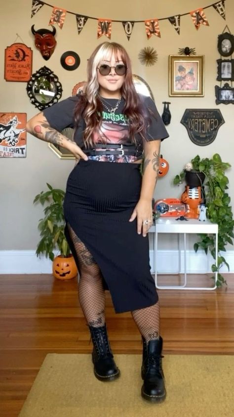 Chunky Boots Outfit Grunge, Shirt Under Dress Outfit Fall, Dress With Beanie, Womens Outfits With Doc Martens, Fall Doc Martens Outfits Plus Size, Summer Doc Martin Outfits, Long Black Skirt Grunge Outfit, Docs And Fishnets, Mini Skirt And Fishnets Outfit