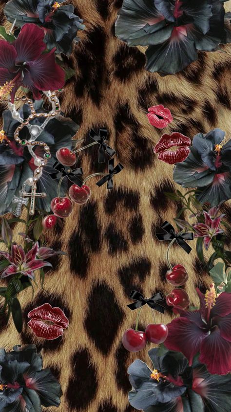 leopard, cross, background, y2k, floral, hibiscus, kiss, cherries Leopard Print Aesthetic Wallpaper, Leapord Print 2000s Wallpaper, Lepord Print 2000s Wallpaper, Cheetah Print Wallpaper Iphone, Brown Y2k Wallpaper, Leopard Print Background Wallpaper, Wide Widget, Lockscreen Y2k, Nails Moodboard