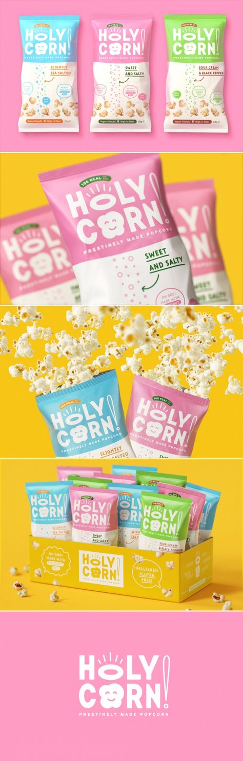 Holy Corn is the Healthy Conceptual Popcorn Snack With an Adorable Look — The Dieline | Packaging & Branding Design & Innovation News Snacks Packaging Design, Healthy Food Packaging, Popcorn Brands, Dieline Packaging, Popcorn Packaging, Snacks Packaging, Snack Brands, Honey Packaging, Creative Snacks