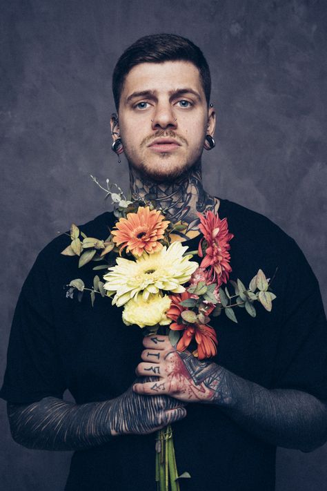 Holding Flower Bouquet, Men Flowers, Flower Men, Man Hug, Painting Reference, With Tattoo, Object Drawing, Face Forward, Human Poses Reference