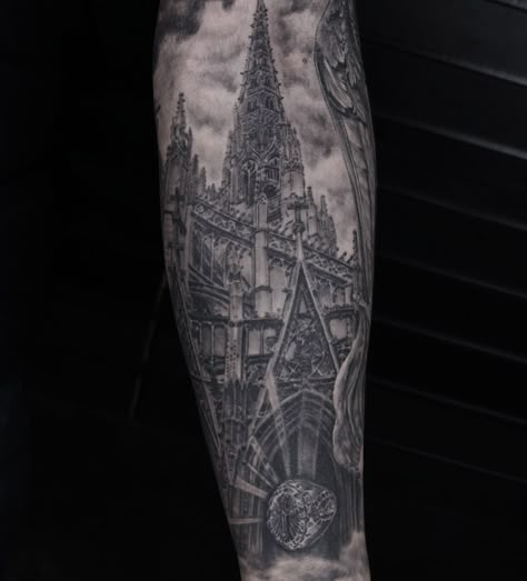 Cologne Cathedral Tattoo, Aj Tattoo, Cathedral Tattoo, Mens Body Tattoos, Mens Body, Ghibli Tattoo, Cathedral Window, Men Tattoo, Architecture Tattoo