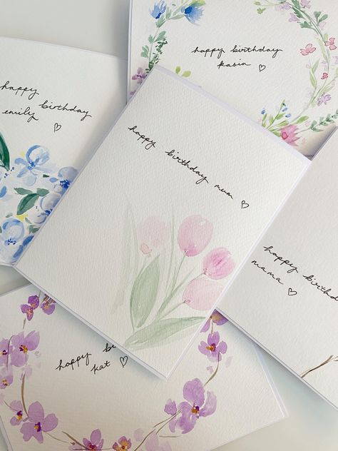 💌 Bring some joy to your loved ones with these beautiful floral cards for all occasions whether it's a birthday, hens, anniversary, mother's day, wedding or congratulations! 💌 Hand painted by me with watercolour + gouache on quality 180gsm watercolour card. 💌 Each card is made to order and custom - please send a message to request your desired text and design request: E.g. Message: Happy Birthday Sarah!, Design: Purple floral wreath. 💌 Cards are designed to fit inside our luxury quality 114mm x 162mm envelopes (provided). 💌 Please expect some variations in the product as they are all hand-painted and unique. Lots of love, Charmaine <3   Naarm (Melbourne :') based Floral Watercolour Card, Watercolour Birthday Card Ideas, Watercolour Birthday Card, Watercolour Wreath, Floral Greeting Cards, Homemade Watercolors, Happy Birthday Sarah, Wreath Cards, Birthday Cards For Mother