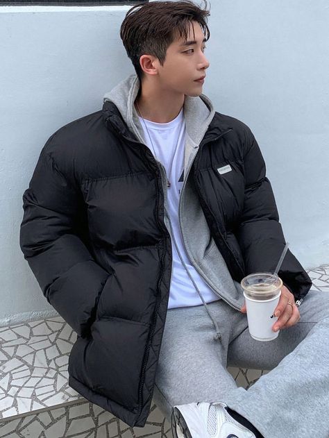 Black Casual Collar Long Sleeve Woven Fabric Letter Puffer Embellished Non-Stretch  Men Clothing Puff Jacket Outfit, Long Puffer Jacket Outfit, Black Puffer Jacket Outfit, Puffer Jacket Outfit Men, Jacket Outfit Men, Puffer Jacket Outfit, Puffer Jacket Men, Puff Jacket, Puffy Coat