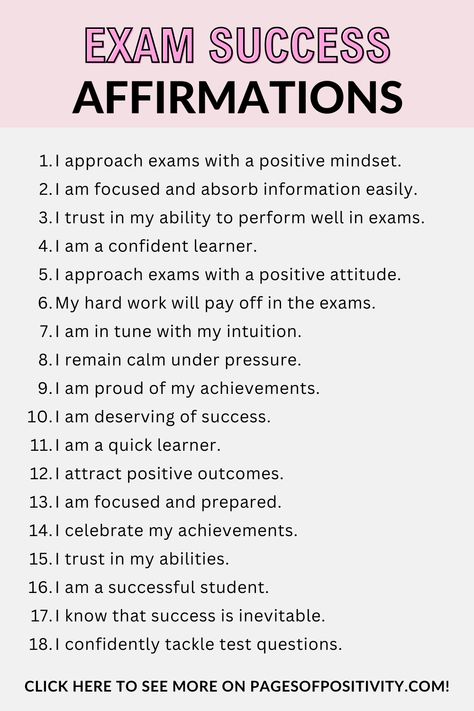 a pin that says in a large font Exam Success Affirmations Affirmations For Excellent Grades, Vision Boards For High School Students, Daily Affirmations For Nursing Students, Positive Affirmation For Studying, High Grade Affirmation, Manifestation For Study, Affirmation For College Students, Daily Affirmations For High School Students, Before Test Affirmations