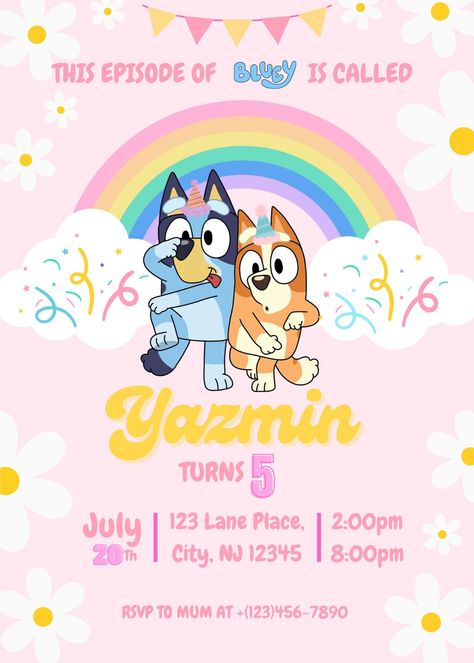 Bluey Birthday Invitation for Girl or Boy!  Ready to customize to your needs! Bluey 2nd Birthday Invitation, Bluey Birthday Party Invites, Bluey Summer Party, Boy Girl Birthday Theme, Bluey Invitations Template Free, Girly Bluey Party Theme, Bluey Third Birthday Girl, Bluey Birthday Invitation Template Free, Bluey Twoey Birthday Party