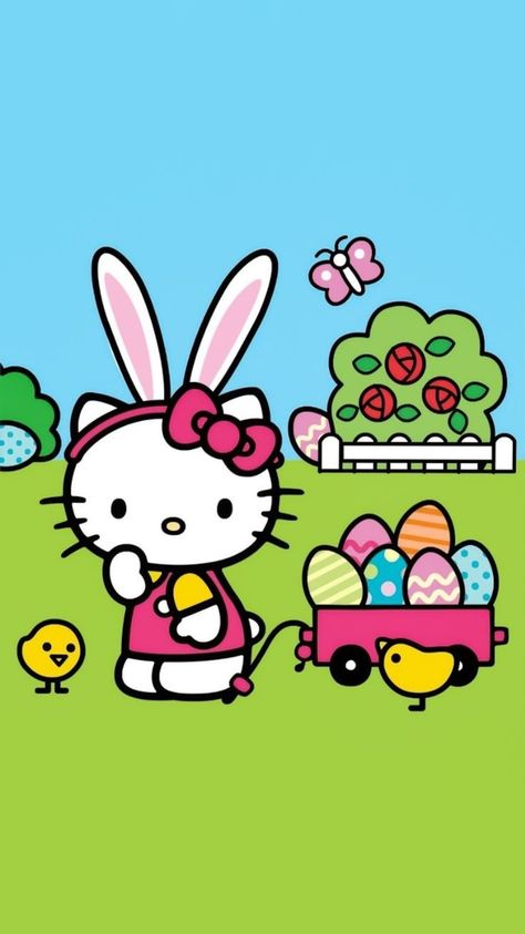 Easter Kitty, Hello Kitty Easter, 헬로키티 배경화면, Easter Cats, Easter Cartoons, Pink Wallpaper Hello Kitty, Easter Backgrounds, Charmmy Kitty, Easter Wallpaper