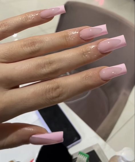 Nail Inspo French Tip Color, Simple Acrylic Nails Coffin With Gems, Pink Square Acrylic Nails Designs, Soft Pink French Tip Nails Short, Square Nails Pink Design, Light Pink Prom Nails Acrylic, Simple Pink Acrylic Nails, Prom Nails Square, Light Pink Prom Nails