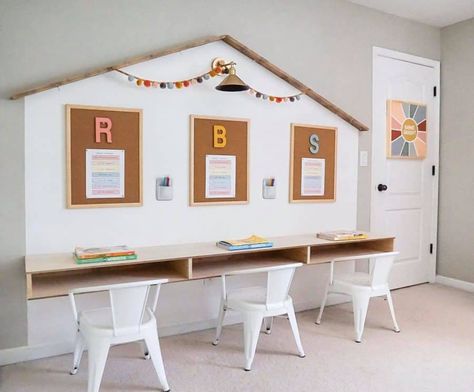 15 Adorable Distance Learning Setups - Kate Decorates Playroom Desk, Floating Desk Ideas, Kids Homework Room, Kids Desk Area, Diy Kids Desk, Diy Floating Desk, Kids Homework Station, Homeschool Room Decor, Homeschool Room Design