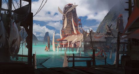 ArtStation - Fishing Village, Cody Foreman Coastal Village Fantasy Art, Port Nyanzaru, Fantasy Settings, Dnd Backgrounds, Fantasy Town, 3d World, World Building, Coastal City, Fantasy Background