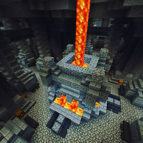 The grand forge in Binnet Dum. Minecraft Dwarven Forge, Minecraft Dwarven Mine, Minecraft Dwarven House, Minecraft Dwarven City, Minecraft Forge Design, Minecraft Forge Ideas, Minecraft Dwarven Architecture, Minecraft Dungeon Ideas, Minecraft Dwarven