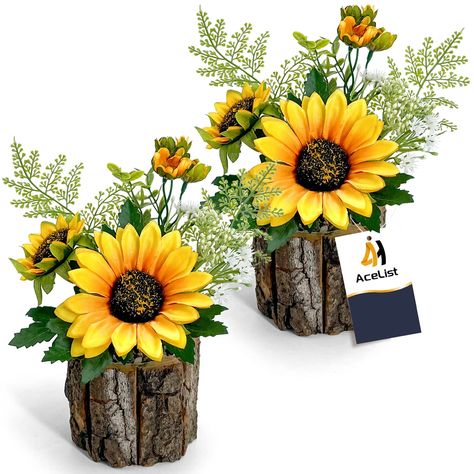 PRICES MAY VARY. 🌻Uniquely Crafted Stump Design: Our genuine natural bark flower pot exudes authenticity. Silk fabric sunflowers, ferns, and small flowers with lifelike petals add a touch of natural beauty. Perfect for farmhouse rustic decor, these unique pieces elevate any space. 🌻All-Season Delight: These fake sunflowers in a charming wooden box bring joy to summer and autumn. With versatile appeal, they infuse cuteness into every season, creating delightful floral accents that endure throug Elegant Sunflower Centerpieces, Sunflower Centerpieces Wedding, Sunflower Table Decor, Diy Flower Decorations, Fake Sunflowers, Fabric Sunflowers, Fall Flower Centerpieces, Potted Plant Decor, Sunflower Tree