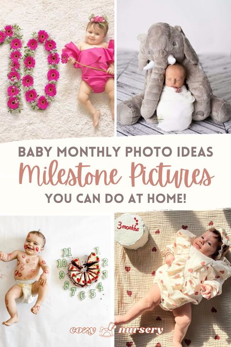 Hey Mom! Today we share Baby Monthly Photo Ideas that are cute and so easy to remake at home!  Our Milestone Pictures Ideas collection is perfect for your monthly baby picture collections. Read more! #milestonephoto #babypics One Month Family Pictures, 7 Month Pictures, Baby Milestones Pictures Ideas, Creative Milestone Baby Pictures, Seven Month Baby Photoshoot, Newborn Monthly Photo Ideas, November 1 Month Baby Pictures, Newborn One Month Pictures, First Year Monthly Picture Ideas