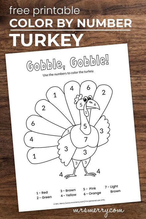 Color the turkey by number. Match the number to the correct color to create a colorful Thanksgiving turkey. An easy 1-page fall activity for kids. Great activity for preschoolers and kindergarteners. #freekidsprintables #indooractivitiesforkids #keepkidsbusy #thanksgivingworksheetsforkids #mrsmerry Turkey Kindergarten, Turkey Worksheets, Turkey Activity, Color By Number Printable, Thanksgiving Worksheets, Thanksgiving Color, Thanksgiving Activities For Kids, Thanksgiving Math, Preschool Colors