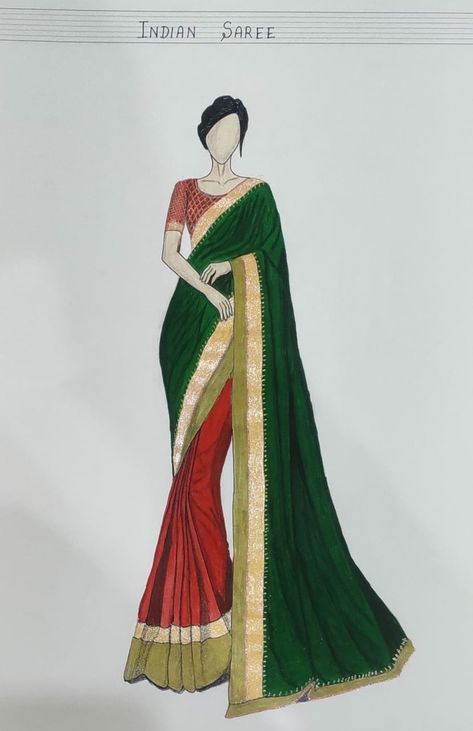 How To Draw A Saree, Indian Dress Sketches Pencil, Saree Drawing Illustration, Saree Art Drawing, Traditional Dresses Illustration, Traditional Dresses Drawing, Saree Illustration Fashion Sketch, Saari Illustration, Saree Drawing Sketches