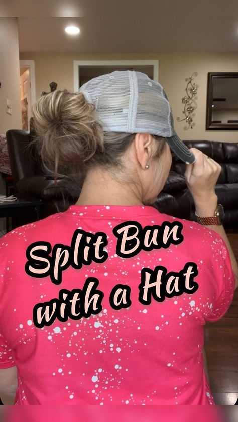 Cute Ball Cap Hairstyles, Low Bun With Hat, Hairstyles For Baseball Cap, Hairstyles With Hats Ball Caps, Ponytail With Hat, Ball Cap Hair, Ball Cap Hairstyles, Cute Hat Hairstyles, Mom Ponytail