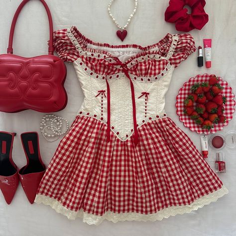 it’s holiday time ☀️ a few sneak peaks of some outfits 🌷 Cherry Print Outfit, Cute Red Outfits Aesthetic, Strawberry Shortcake Inspired Outfit, Red Coquette Outfit, Red Aesthetic Outfits, Cherry Inspired Outfit, Lovecore Outfits, Vintage Americana Fashion, Sweetheart Outfit