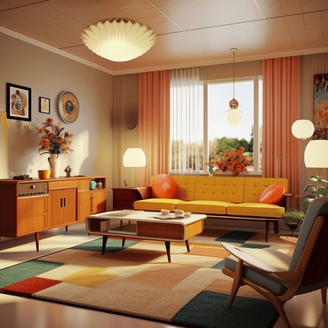 Atomic Living Room, 60s Interior Design 1960s Living Rooms, 60s Furniture 1960s Interior Design, 1960s Home Aesthetic, Retro House Interior, 60s Decor Home, 1950s Aesthetic Home, 1950 Interior Design, Modern Retro Interior