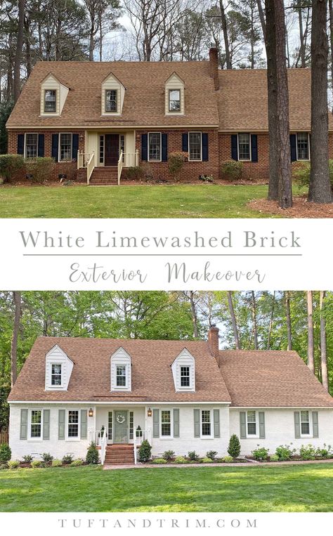 White Brick House With Red Brick Steps, Redo Old Brick Home Exterior, Painted Brick Office Building Exterior, Painted Brick House Exterior Brown Roof, Concrete Block House Exterior Makeover, Lime Washed Brick Exterior Ranch, Painting Brown Brick Exterior, White Brick Exterior Color Schemes, Half Brick Half Siding Exterior Remodel