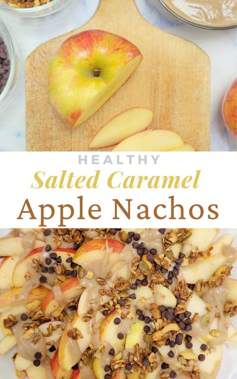 healthy salted caramel apple nachos recipe Healthy Salted Caramel, Caramel Apple Nachos, Gluten Free Caramel Apples, Apple Nachos Recipe, Salted Caramel Sauce Recipe, Grain Free Snacks, Homemade Salted Caramel, Apple Nachos, Gluten Free Pretzels