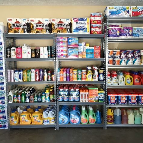 Cleaning Supplies Stock Pile, Bulk Storage Ideas, Stockpile Room, Coupon Stockpile Organization, Stock Pile Organization, Stockpile Organization, Extreme Couponing Stockpile, Comfy Room Ideas, Garage Store