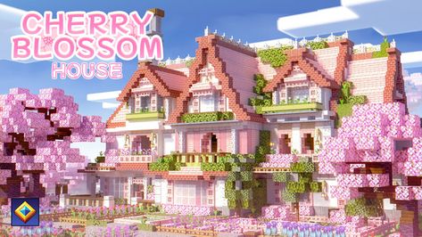 Cherry Blossom House Big House In Minecraft, Cherry Blossom Mansion Minecraft, Minecraft Houses Cherry, Cherry Wood House Minecraft, Minecraft Sakura House, Cherry Blossom House Minecraft, Minecraft Cherry Blossom House, Minecraft Mansion Tutorial, Pretty Minecraft Houses