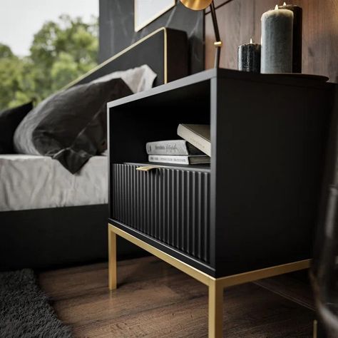 Dark Room With Gold Accents, Black And Bronze Bedroom, Bedroom With Black Furniture, Black Dresser Bedroom, Black Bedside Tables, Bronze Bedroom, Black And Gold Decor, Bedside Table Black, Black Gold Bedroom