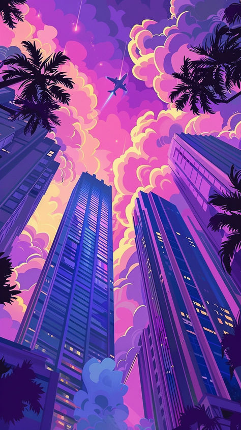 Immerse yourself in this vibrant, cyberpunk-inspired cityscape with a fusion of Go Nagai and Eiichiro Oda's iconic styles. From a low angle, towering buildings rise into purple and pink skies as palm trees sway below, capturing the neon glow of a futuristic world. ✨🌃✈️#CyberpunkAesthetic #AnimeCityscape #GoNagaiStyle #EiichiroOdaInspired #NeonNights #RetroFuturism #CityLights #VectorArt #ComicBookStyle #VibrantSkies Solarpunk Landscape, Purple Cyberpunk Wallpaper, Cyberpunk Art Style, Neon City Aesthetic, Neon City Wallpaper, Retrofuture Aesthetic, Techno Wallpaper, Neon Cyberpunk Aesthetic, Neon Cityscape