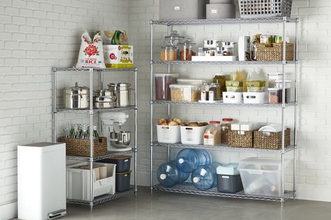 Read all about No Built Ins? No Problem and other tips, videos, inspiration and advice from The Container Store's experts, and get free shipping on all purchases over $75 + free in-store pickup on all your organization and storage project solutions. Metro Shelving, No Pantry Solutions, Black White Kitchen, Metal Shelving, Pantry Shelving, Kitchen Containers, The Container Store, Pantry Design, Kitchen Trends