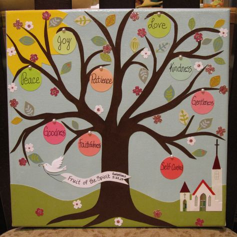 Fruit of the Spirit Tree on canvas Church Bulletin Boards, Bible School Crafts, Tree Spirit, Object Lessons, Spirit Shirts, Vacation Bible School, Sunday School Crafts, Fruit Of The Spirit, Bible Crafts