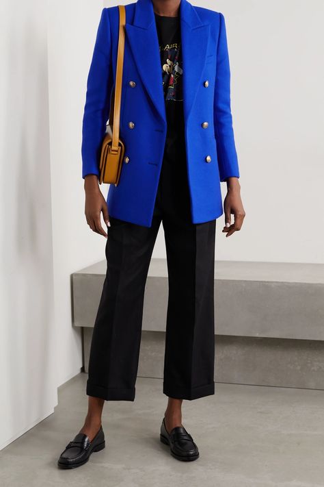 Royal Blue Blazer Outfit, Royal Blue Pants Outfit, Blazer Outfits For Women Work, Blue Blazer Outfits For Women, Blue Trousers Outfit, Saint Laurent Pouch, Ysl Jacket, Saint Laurent Sweater, Blue Sweater Outfit