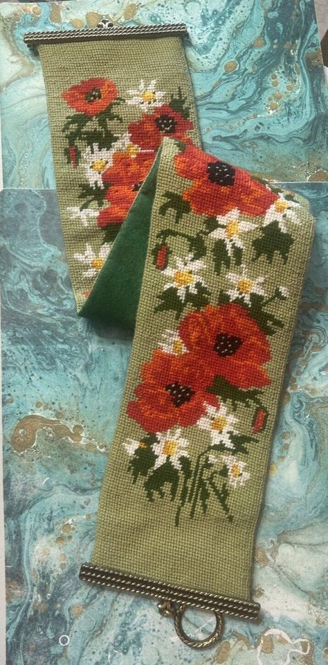 Vintage Needlepoint Bell Pull Wall Hanging Tapestry Flowers Poppies Metal Pulls Flowers Poppies, Flower Tapestry, Vintage Needlepoint, Wall Hanging Tapestry, Hanging Tapestry, Tapestry Wall Hanging, Estate Sale, Needlepoint, Poppies