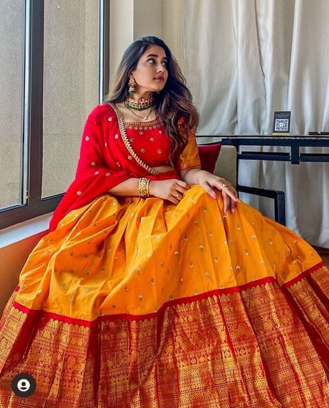 Plus Size Half Saree, Kanjivaram Silk Lehenga, Latest Half Sarees Weddings, Haldi Lehanga Design, Lehenga With Pattu Saree, Dress Outfits Party Wedding, Lehanga Photo Poses Traditional, Lehanga Designs Pattu, Latest Half Saree Designs Simple