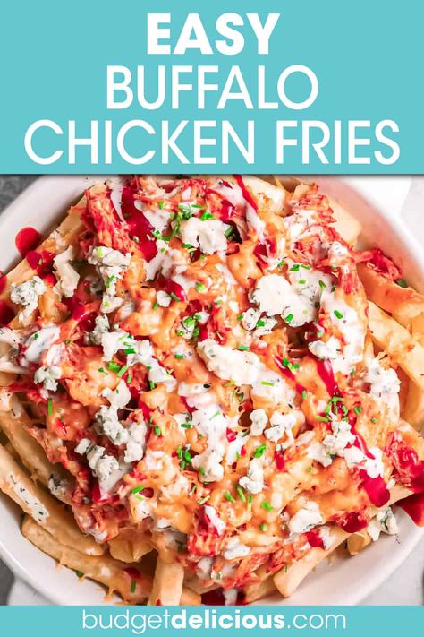 french fries smothered in buffalo sauce, cheee and herbs Fries With Chicken, Cheese Fries Recipe, Buffalo Chicken Fries, Buffalo Chicken Dip Crock Pot, Shredded Buffalo Chicken, Chicken Fries, Spicy Buffalo Chicken, Easy Buffalo Chicken, Seasoned Fries