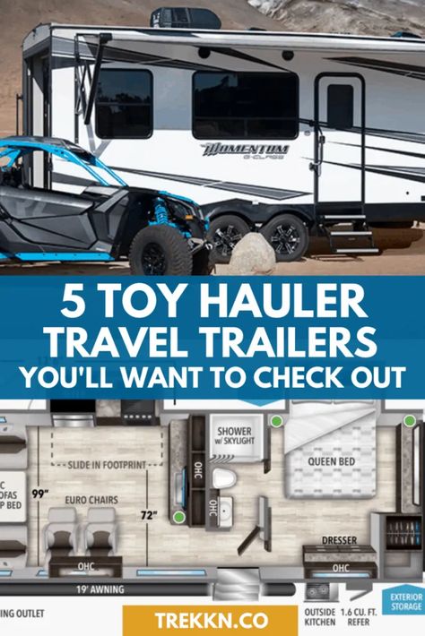 Summer is here and we’re all ready to get out and have some fun, right? Whether you’re an ATV enthusiast, insatiable cyclist, whitewater kayaker or just about anything else that requires gear, you need a place to rest your head and store your equipment. Thankfully, the RVing community came up with a solution: toy hauler travel trailers! Check out these top models for 2020. #toyhauler #traveltrailer #RVcamping #RVing Travel Trailer Accessories, Toy Hauler Trailers, Toy Hauler Camper, Toy Hauler Travel Trailer, Travel Trailer Living, Rv Floor Plans, Towing Vehicle, Small Rv, Trailer Living