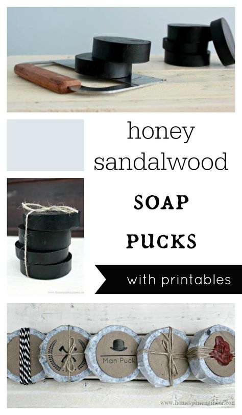 Honey Sandalwood Soap Pucks are a great Man Gift Idea. DIY Soap recipe takes 30 Minutes, PLUS a free printable perfect for gift giving. Melt And Pour Soap Recipes, Coffee Soap Recipe, Sandalwood Soap, Diy Soap Recipe, Vanilla Soap, Coconut Soap, Melt And Pour Soap, Soap Making Recipes, Coffee Soap