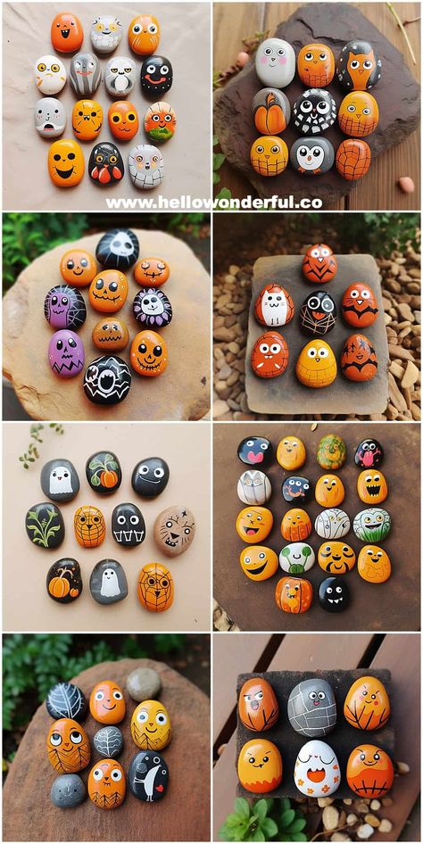 Spooky Fun: How to Paint Halloween Rocks Painting Rocks For Beginners, Rock Halloween Painting, Painted Rocks On Wood, Halloween Pebble Art Ideas, Painted Rocks For Halloween, Painted Rock Pumpkins, Halloween Stones Painting, Painting Rocks Halloween, Rock Painting Pumpkins