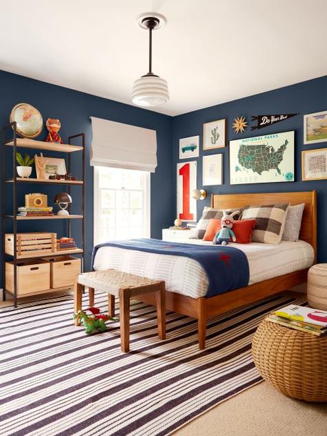 Color Schemes for Kids' Rooms | How to Choose Colors for a Kids' Bedroom | HGTV Rug In Boys Room, Modern Car Bedroom, Primary Color Bedroom Ideas, Transportation Room For Boys, Cars Themed Room, Boys Room Car Theme, Car Theme Boys Room, Simple Colorful Home, Dark Blue Boys Bedroom